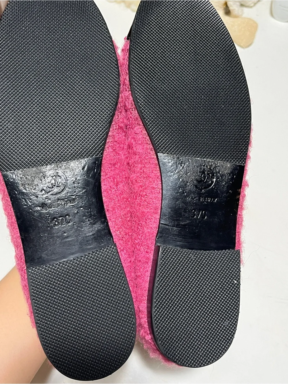 CHANEL Pink Bouclé Ballet Flats with Black Patent Cap Toe